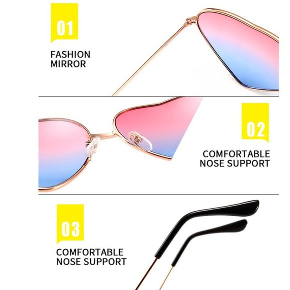 TEMP OUT OF STOCK Heart Shaped UV400 Blue & Pink Sunglasses Gold Metal Rim - Picture 5 of 14
